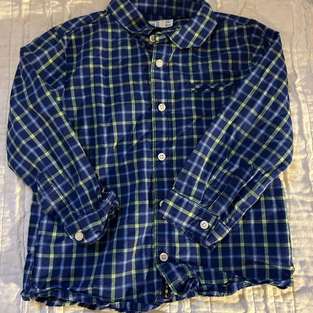 Mayoral Navy and Lime Plaid Button Down Shirt boys size 24 month